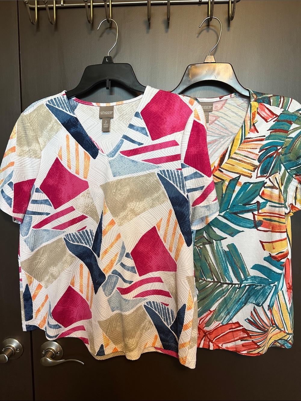 Chico's Short Sleeve Summer Tops, Geometric & Tropical Print, Bundle of 2